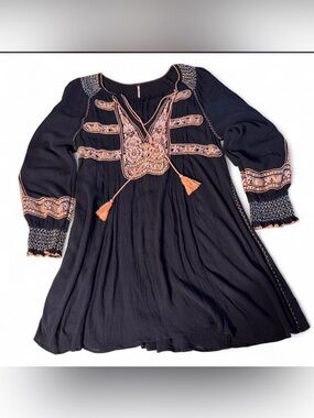 Free People Black Boho Smocked Top with Peach Stitching